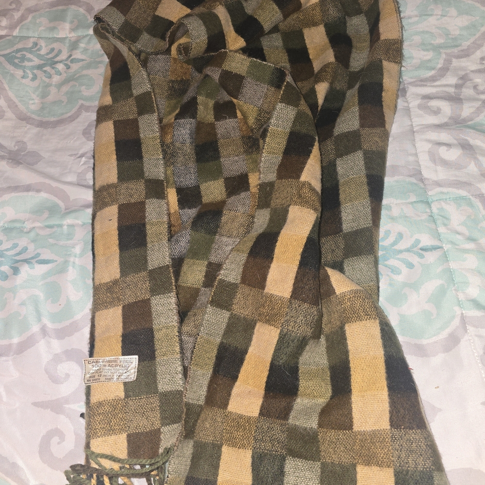 Source Unknown Plaid Scarf in Green, Brown, and Tan